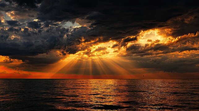 Golden sun rays piercing through dark ocean storm clouds.