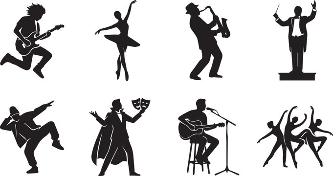Performing arts and music entertainment black silhouette icons set featuring ballet dancer guitarist theater actor conductor and musicians