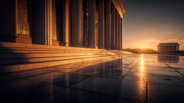 Space universe exploration, fantasy. A vivid portrayal of a classical architectural scene at sunset. The main subject is a grand, ornate building with a series of tall, slender columns.