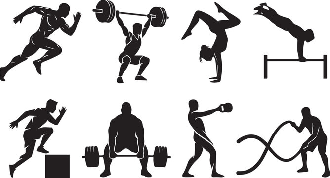 Fitness and athletic training black silhouette icons set featuring sprinting weightlifting calisthenics gymnast cross training box jump and battle ropes