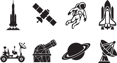 Space exploration and astronomy black silhouette icons set featuring rocket launch astronaut space shuttle rover telescope saturn and satellite dish © MstNajma