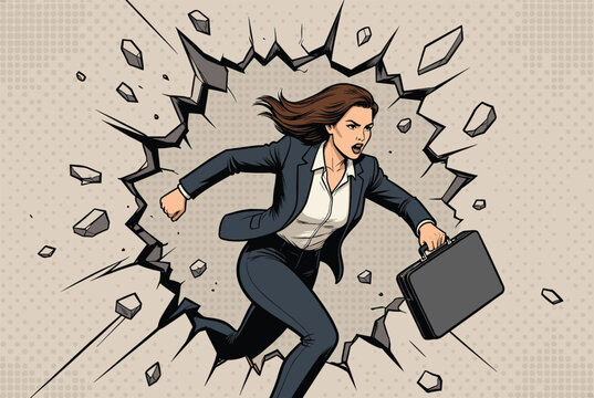 Determined businesswoman in a suit carrying a briefcase and breaking through a solid wall with powerful energy.