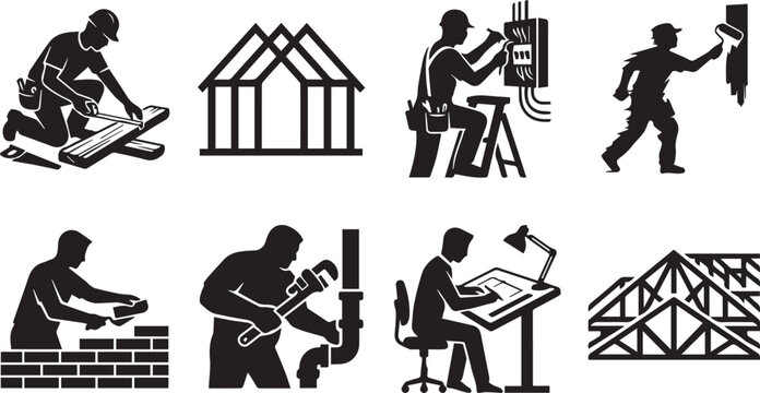 Home construction and tradesperson black silhouette icons set featuring carpenter electrician painter bricklayer plumber architect and roof framing