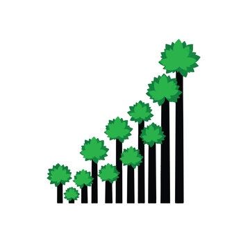 High-contrast silhouette of tree-trunk bars with vibrant emerald leaf clusters, showing a dramatic rise in height, minimalist aesthetic with maximum white space, professional and sophisticated,