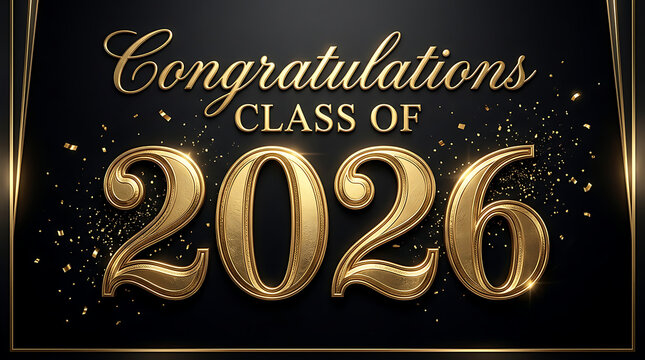 Elegant celebration of the graduating class of 2026 with golden text and festive sparkles for a memorable milestone event
