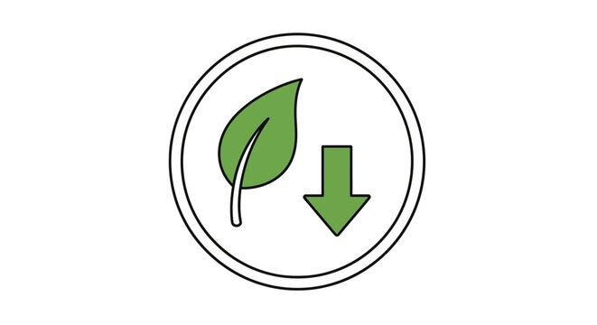 Green leaf and downward arrow icon in circle for eco-friendly or reduction concept