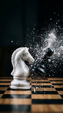 White Marble Knight Chess Piece Striking and Shattering Black Pawn