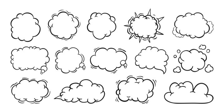 Pop art comic retro cloud of thought set. Onomatopoeia speech bubble dialog clouds, thought blobs, explosion effects. Vintage 80s 90s cartoon stickers for prints. Vector communication illustration