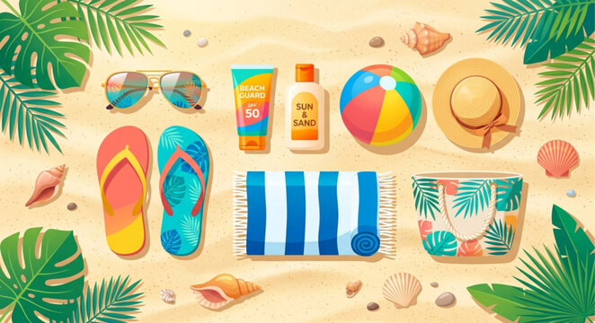 Beach vacation, summer essentials, colorful icons, beachwear collection, vector