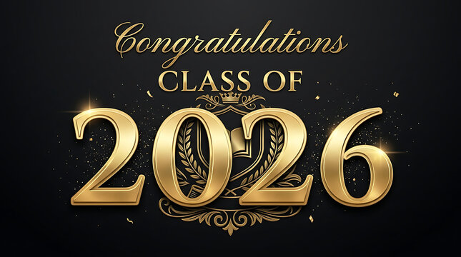 Elegant graduation celebration graphic with golden numbers and festive design for 2026 class congratulations