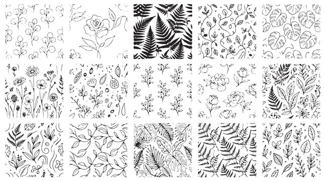 Black and white floral patterns, botanical illustrations, leaf designs, 15 square backgrounds