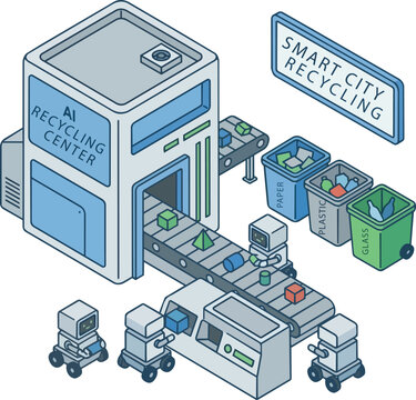 Isometric illustration of an AI recycling center with smart robots sorting paper plastic and glass waste in a sustainable smart city recycling system