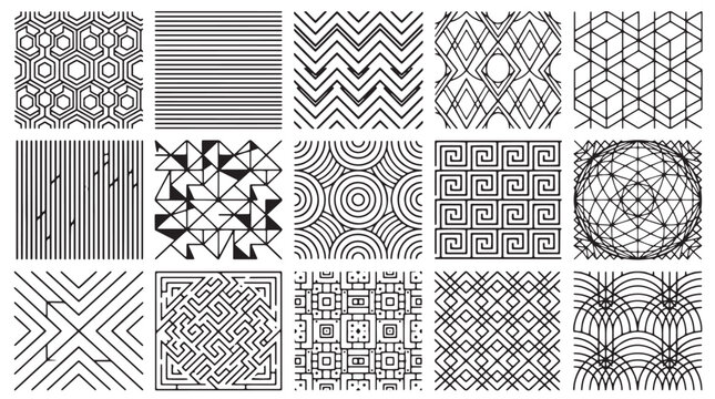 Geometric Patterns, Black and White, Seamless Designs, Vector Backgrounds, 12 Tiles