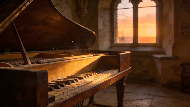 harpsichord. Quiet room in an old castle at dusk, a dusty harpsichord in warm fading light. travel magazines, destination branding, designed for travel destination branding, used by brand managers.