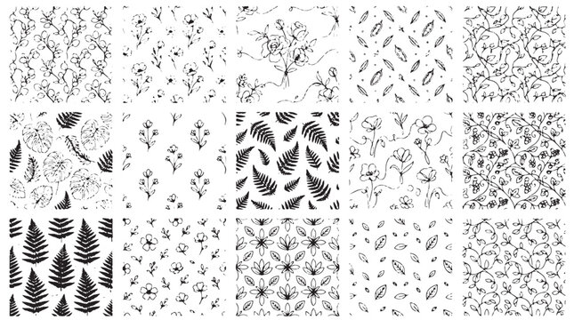 Black and white seamless patterns, 12 floral designs, vector backgrounds, texture collection