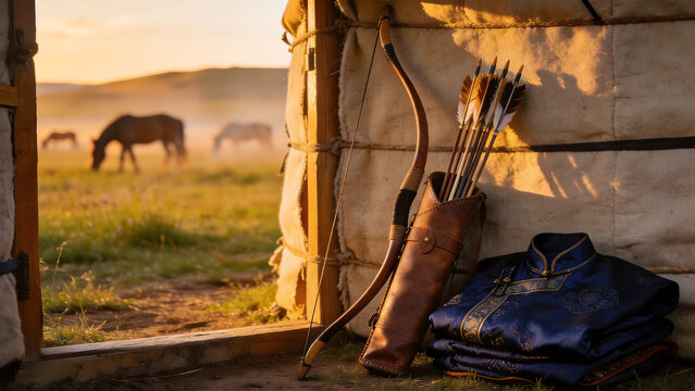 recurve. Mongolian recurve bow and quiver on ger doorstep with silk deel, nomadic steppe heritage. event programs, museum guides, designed for cultural heritage projects and event programs.