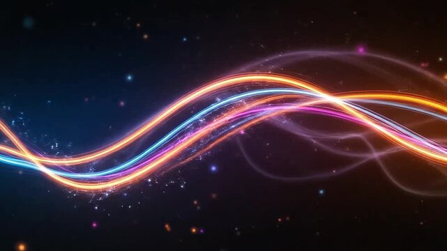 Vibrant glowing light waves flowing through a dark space