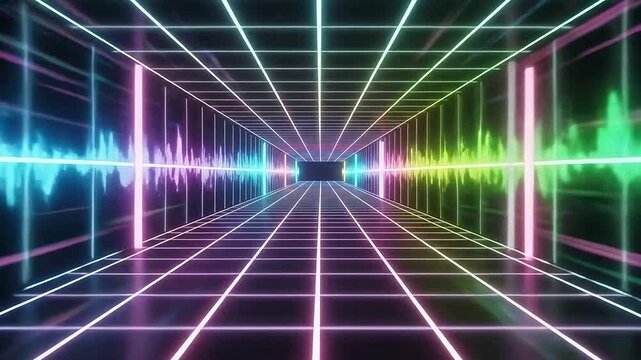 Futuristic neon grid tunnel with colorful audio wave visualization