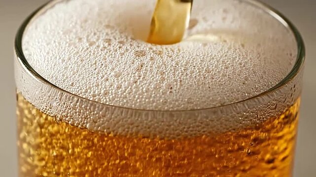 Golden amber liquid being poured into a glass with thick white foam