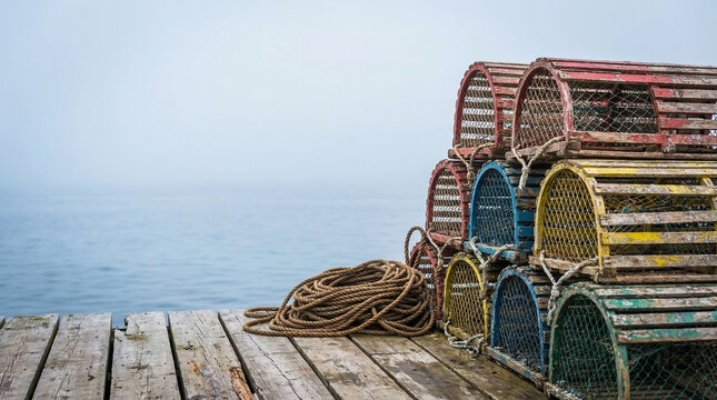 Stack of colorful vintage wooden lobster traps and a coiled rope on a rustic wooden pier next to the calm blue ocean under foggy sky representing maritime fishing industry concept horizontal frame