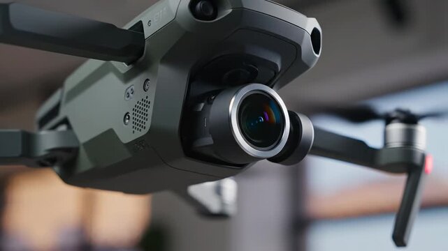 Closeup of a modern professional drone camera and gimbal system hovering in an indoor setting
