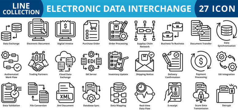 Electronic data interchange icon set outline style icon set collection vector illustration