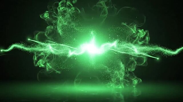 Abstract green energy explosion with glowing particles and smoke