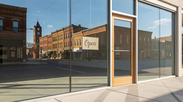 An open sign hanging behind the glass door window of a modern shop front storefront reflecting vintage classic brick historic main street town buildings on a sunny day horizontal frame
