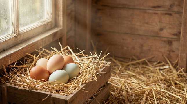 Fresh colorful organic chicken eggs in a straw nest inside a vintage wooden crate next to a window under warm dramatic sunbeam light inside a rustic barn coop background horizontal frame