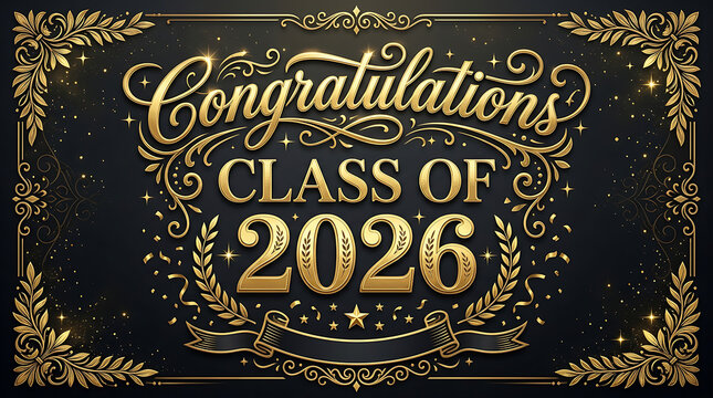 Elegant golden graduation announcement celebrating the successful completion of the class of 2026 with intricate decorative