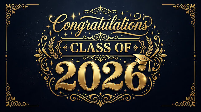 Elegant golden graduation celebration graphic for the class of 2026 with intricate decorative elements and festive design for