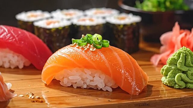 Fresh salmon and tuna nigiri sushi served on a wooden board