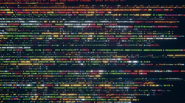 Digital data stream displaying programming code on a screen with glitch effect