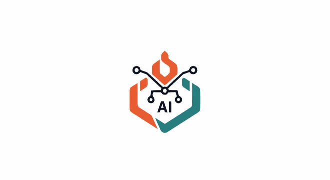 Artificial Intelligence AI technology logo icon with circuit nodes and hexagonal frame on white background.