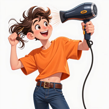 Vibrant cartoon illustration of a junior hair stylist enthusiastically drying hair with a giant dryer on a clean white background.