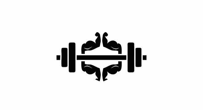 Black barbell and flexed biceps muscle fitness gym logo icon isolated on white background.