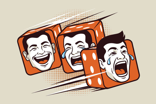 Three orange dice with laughing faces instead of dots fly through air with white motion lines on light beige background.