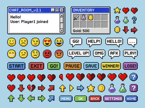 Pixel art game interface elements and icons set.