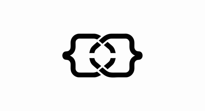 Black interlocking curly braces icon representing coding integration and software development on white background.