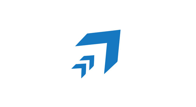 Blue arrow logo symbol pointing up and right representing growth progress and direction on white background.