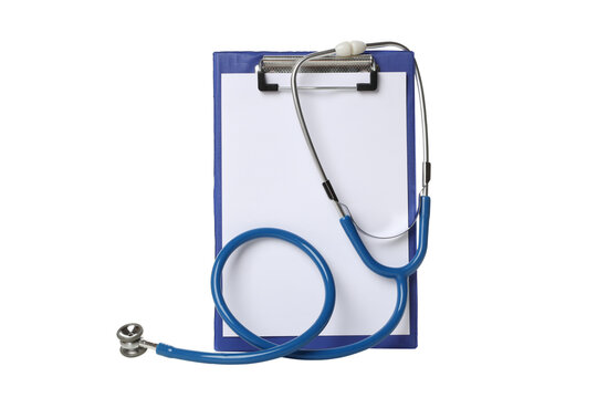 Stethoscope beside a blank clipboard, isolated on white, PNG
