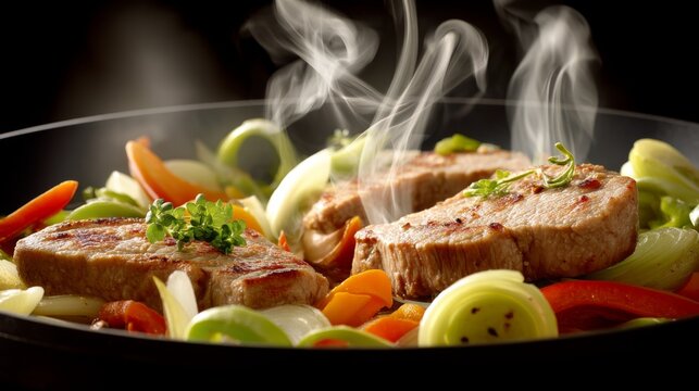 Delicious Grilled Meat with Fresh Vegetables Steaming in a Black Pan Ready to Serve with Vibrant Colors and Aromatic Herbs for a Culinary Delight