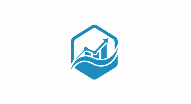 Blue business growth logo icon with hexagon frame rising arrow and bar chart.