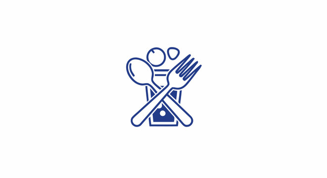 Blue line art icon of crossed spoon and fork with a drink glass for restaurant logo.
