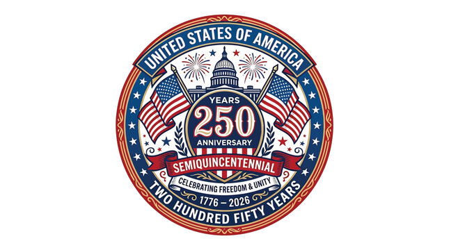 United states 250th anniversary semiquincentennial logo, 17762026, 250 years celebration emblem with us capitol building, american flags, fireworks, and patriotic design elements