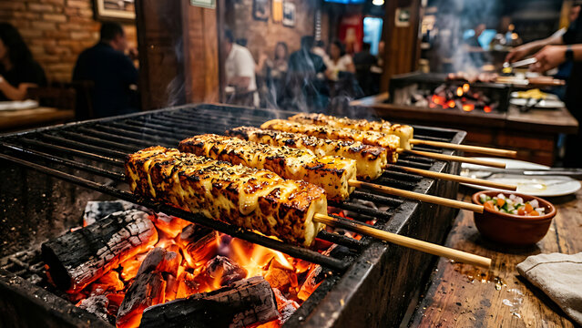 Golden grilled queijo coalho skewers with oregano and crispy crust over hot charcoal, authentic Brazilian churrasco snack, rustic restaurant style presentation, dramatic lighting, highly detailed.