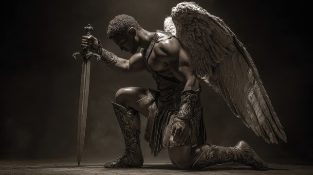 Fantasy wallpaper. A dramatic, monochromatic portrayal of an angel kneeling in a contemplative pose. The angel, with large, featherlike wings, is depicted in a side profile, holding a long.
