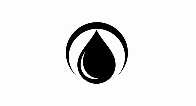 Black water drop icon inside a circular crescent frame isolated on a white background.