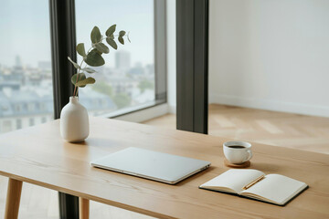 Fototapeta premium Closed laptop, open notebook, and eucalyptus branch in vase on a wooden desk by a window d