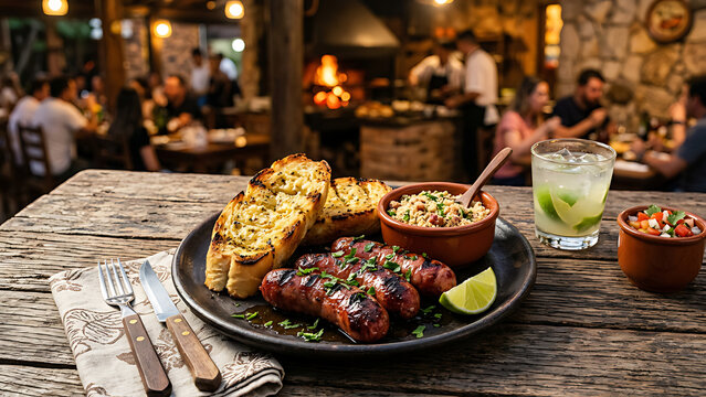 Brazilian lingui&ccedil;a sausage grilled to perfection with p&atilde;o de alho and farofa on rustic wooden table, warm churrasco atmosphere, premium restaurant food styling, commercial image quality.